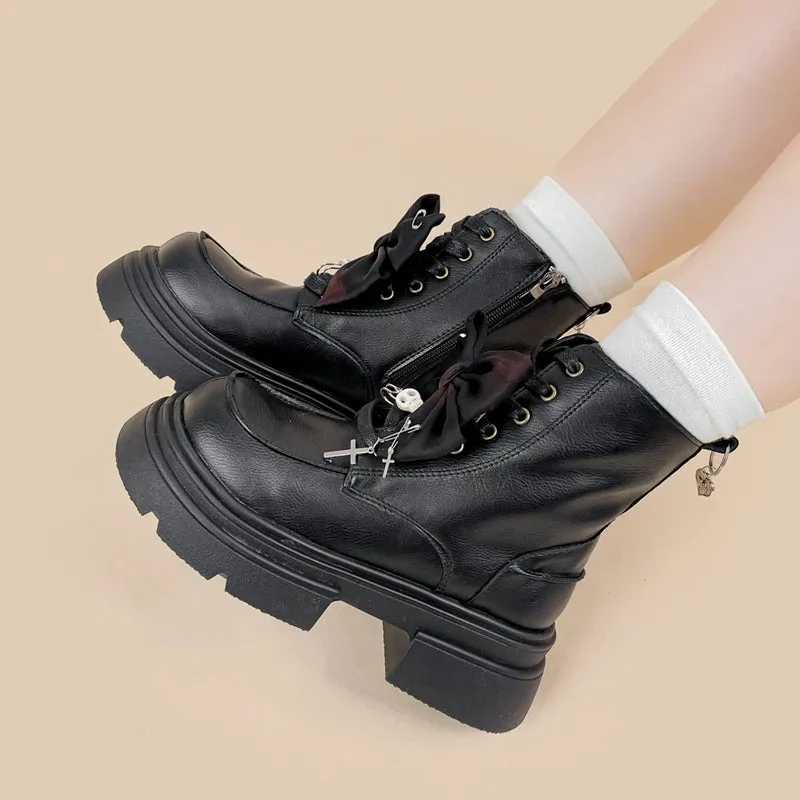 *CLEARANCE* Spooky but Cute Charming Bow Chunky Boots - Women's