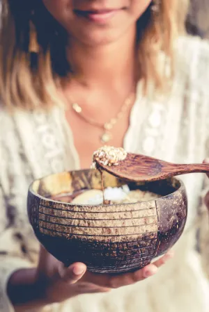 Coconut Bowls & Wooden Spoon Combo (Coco Shell Bowl): Striped Pattern