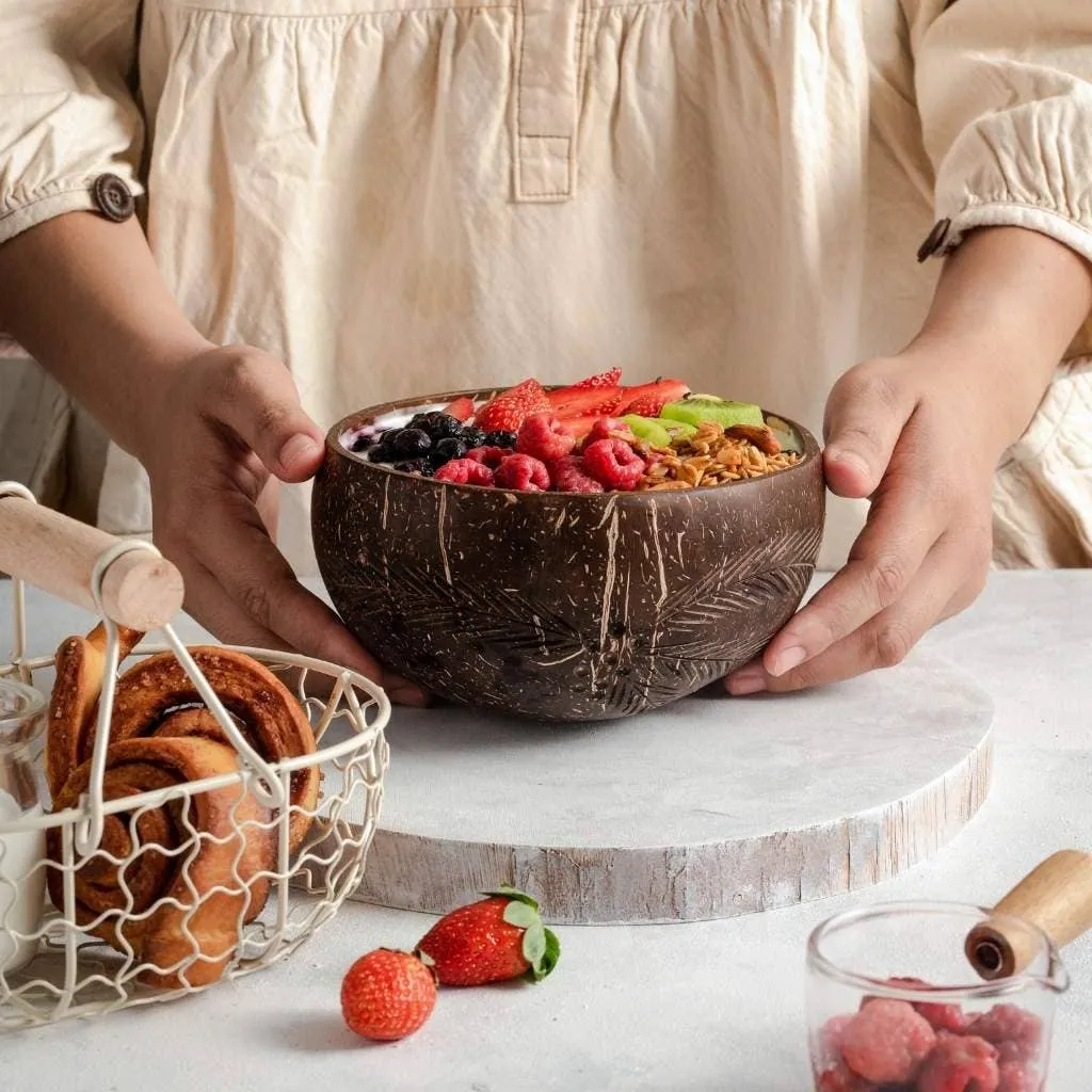 Coconut Bowls & Wooden Spoon Combo (Coco Shell Bowl): Striped Pattern