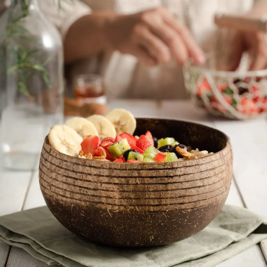 Coconut Bowls & Wooden Spoon Combo (Coco Shell Bowl): Striped Pattern