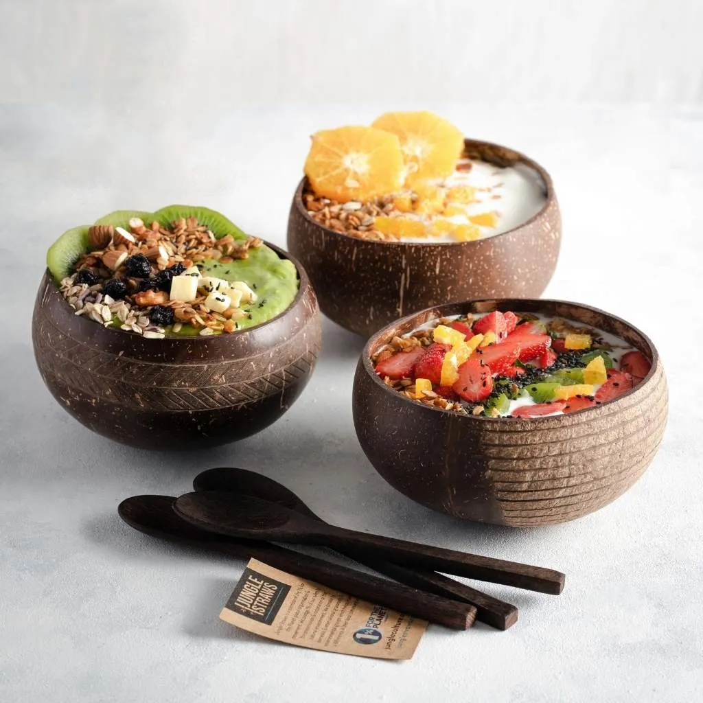 Coconut Bowls & Wooden Spoon Combo (Coco Shell Bowl): Striped Pattern