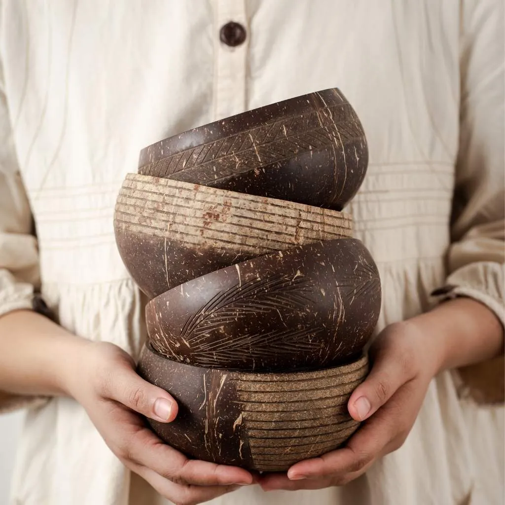 Coconut Bowls & Wooden Spoon Combo (Coco Shell Bowl): Striped Pattern