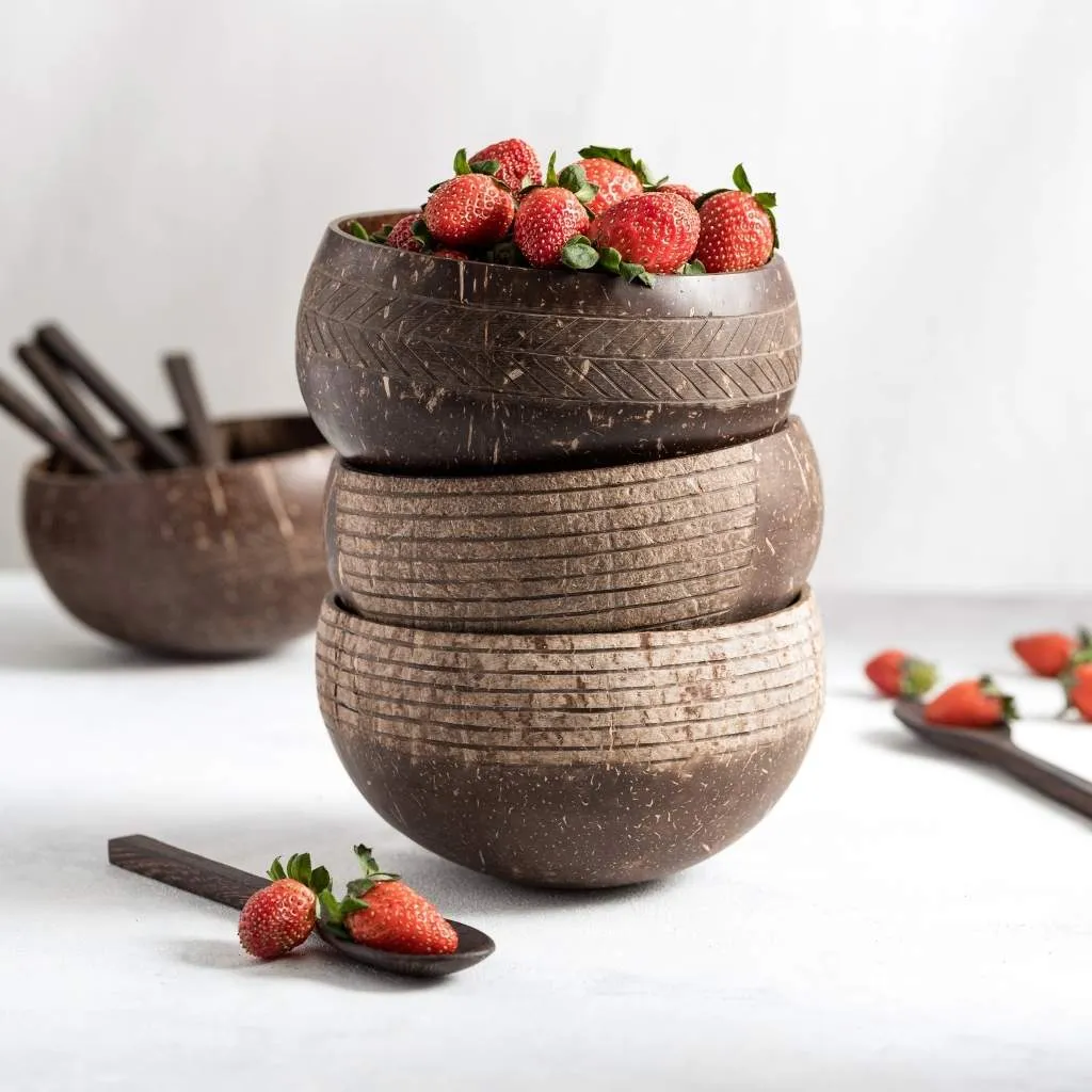 Coconut Bowls & Wooden Spoon Combo (Coco Shell Bowl): Striped Pattern