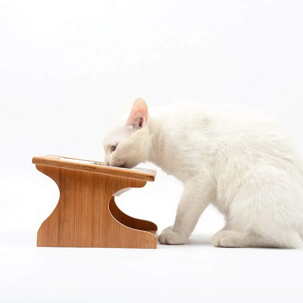 Kchex Lucky Link Raised Pet Bowls Feeder Bamboo Stand 3 Bowls for Cats & Dogs