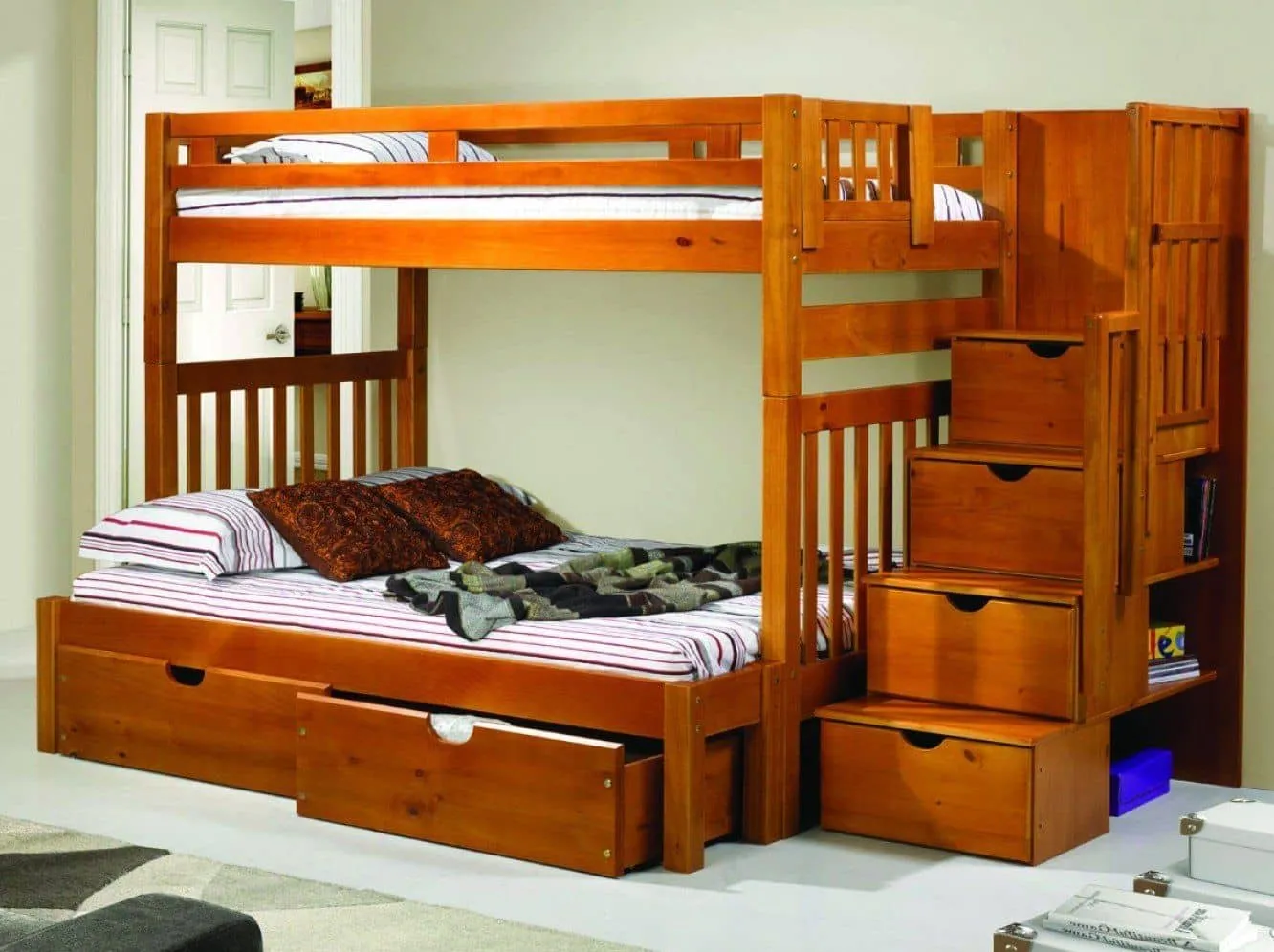 Michael Honey Twin over Full Youth Bunk Bed with Storage and Shelves