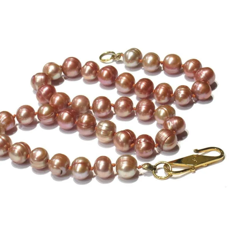 Pink Fresh Water Pearl Knotted Necklace with Gold Plated S Hook Clasp
