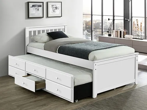 White Solid Wood Bed with Trundle and 3 Pullout Drawers